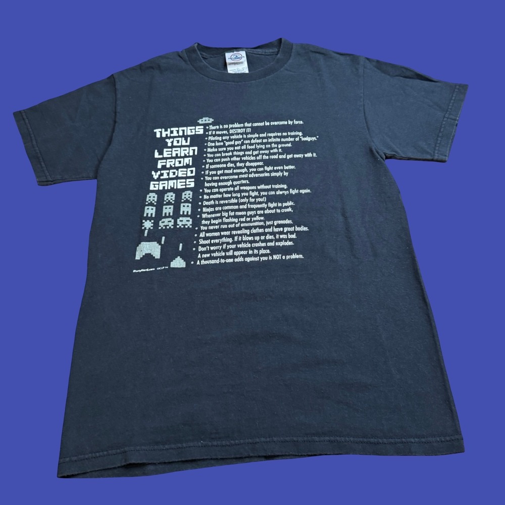 Things You Learn From Video Games T Shirt Small Y2K Arcade Gaming Retro Graphic
